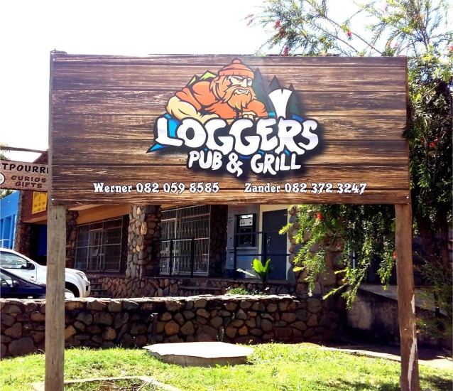 Printed wood-look sign board for Loggers Pub & Grill